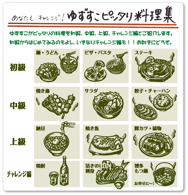 うどん、鍋物、ピザ、パスタ、ステーキ、焼鳥、サラダ、餃子、チャーハン、納豆、焼魚、とんかつ